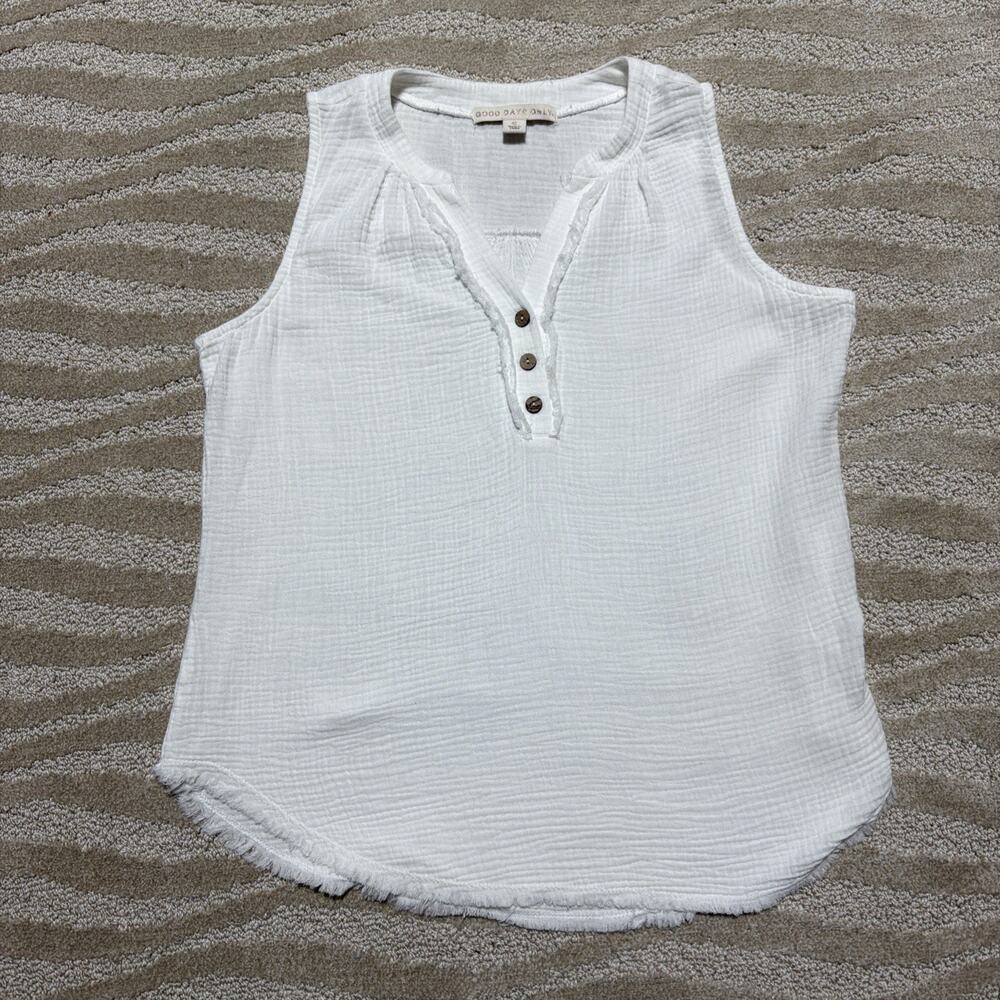 Good Days Only Womens S White Sleeveless Henley Blouse Casual Flowy Top